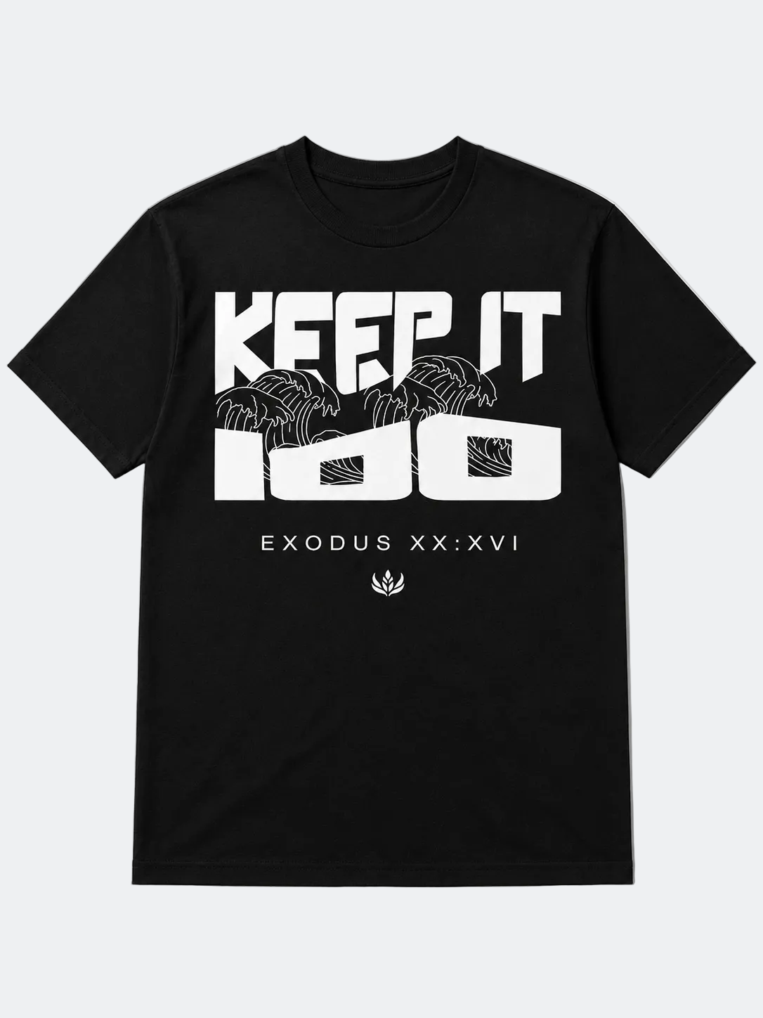 Black t-shirt with white text and design on a light gray background