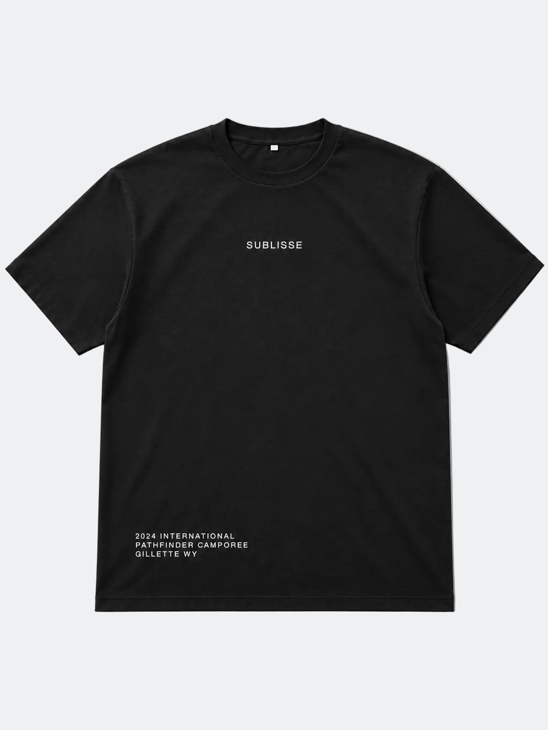 Black t-shirt with white text on a light gray background