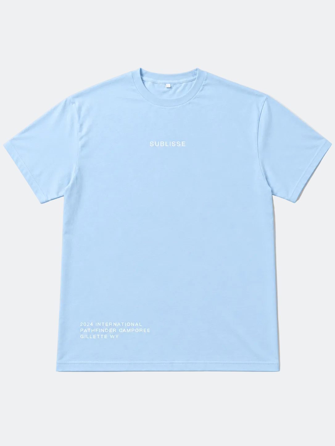Light blue t-shirt with white text on a light gray background