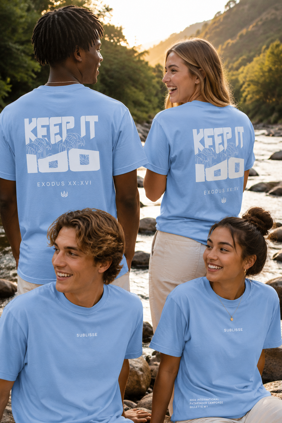 Four people wearing blue t-shirts with 'KEEP IT 100' text in a natural setting.