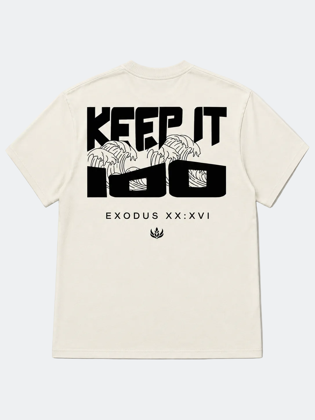 Beige t-shirt with black text and graphics on a light gray background