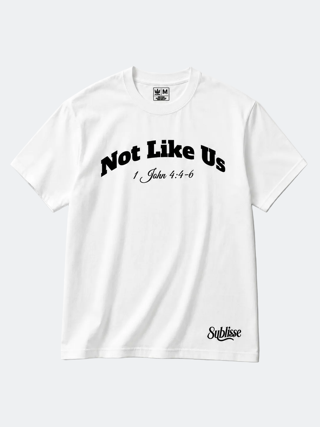 White t-shirt with black text and 'Sublisce' logo on a light gray background