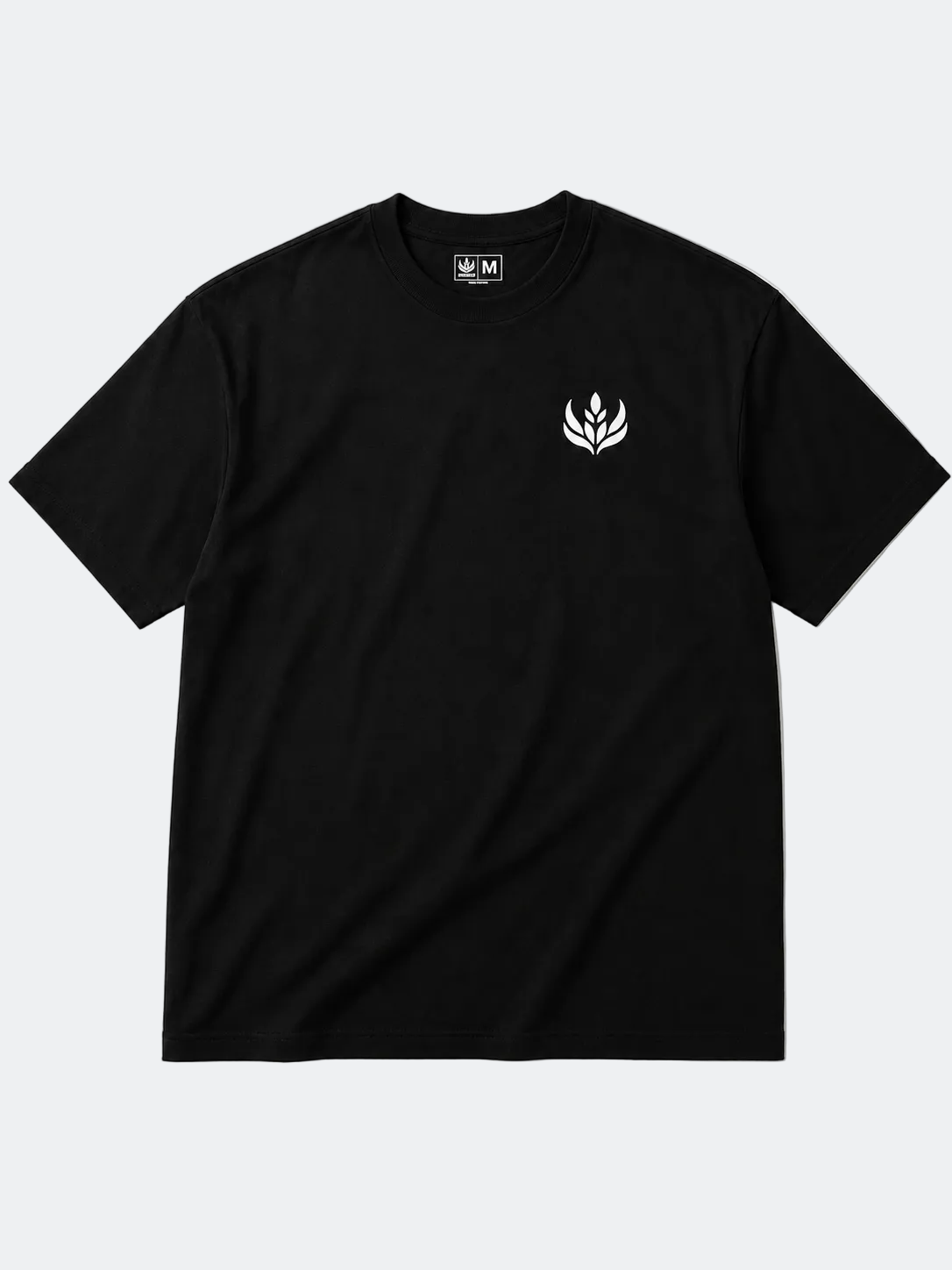 Black t-shirt with a white logo on a light gray background