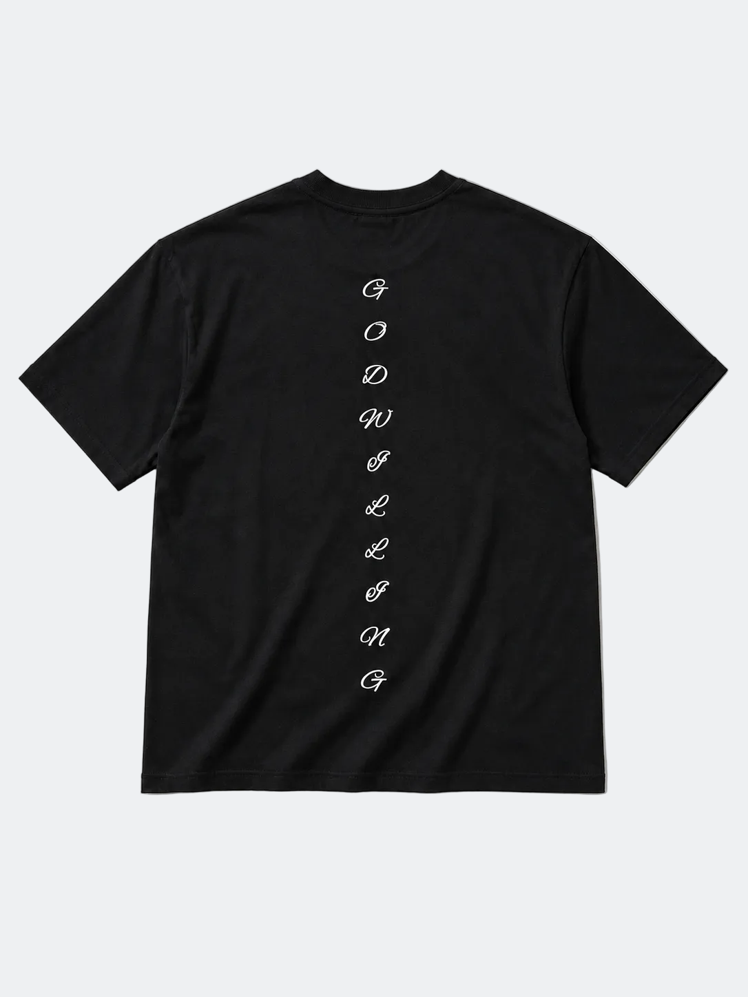 Black t-shirt with white text on a light gray background